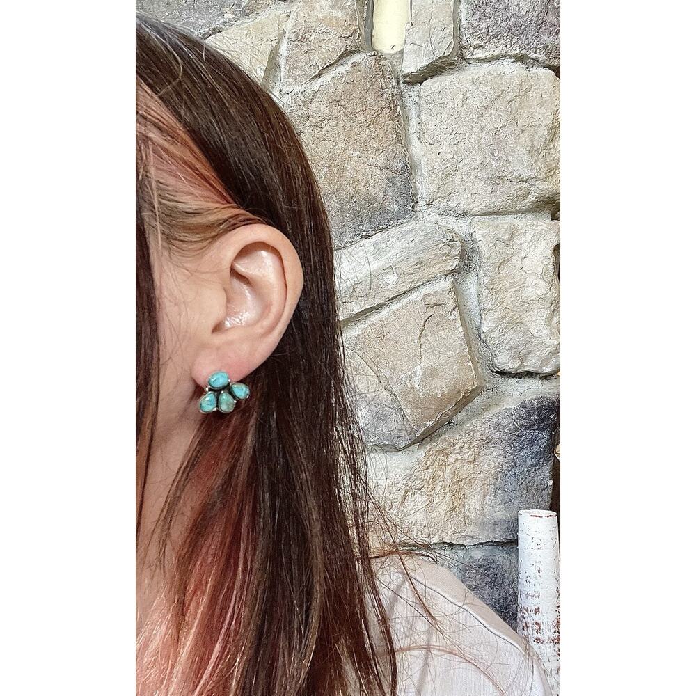 Native American Style Sterling Silver Turquoise Cluster Earrings Southwest Boho - Picture 3 of 9